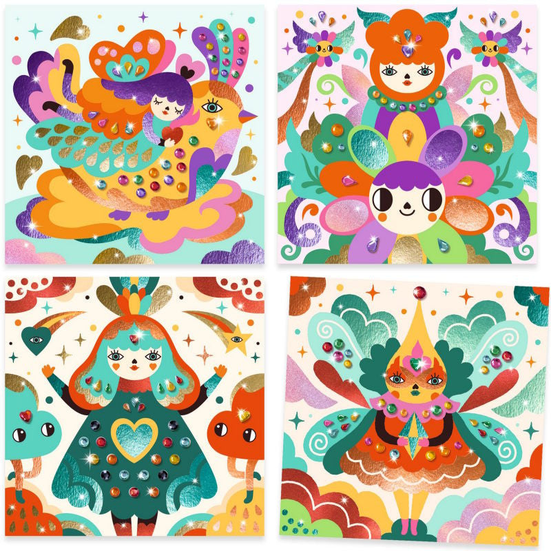 As quatro ilustrações kawaii completas e decoradas com folhas metálicas e strass, incluídas no kit Djeco Harmonia.