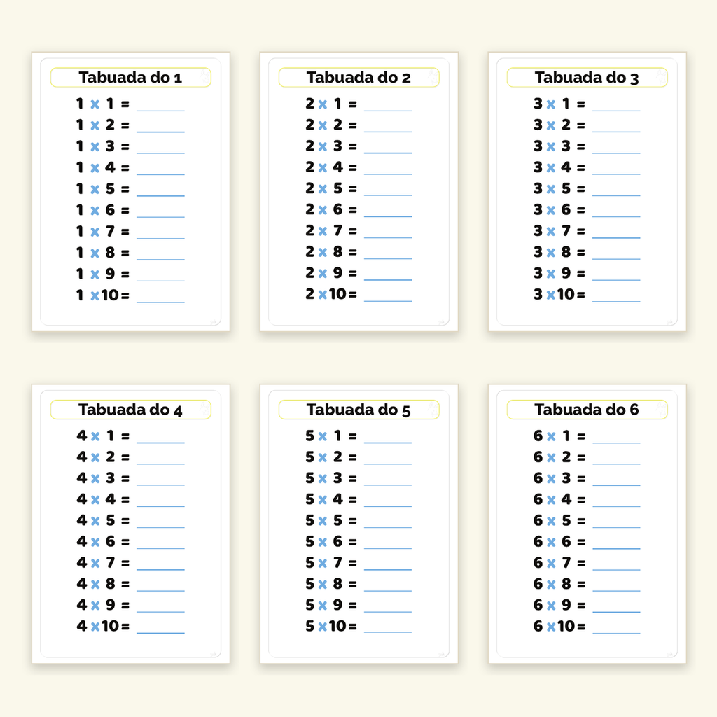 Seis das dez fichas para preencher, da tabuada do 1 à tabuada do 6, com os resultados em branco