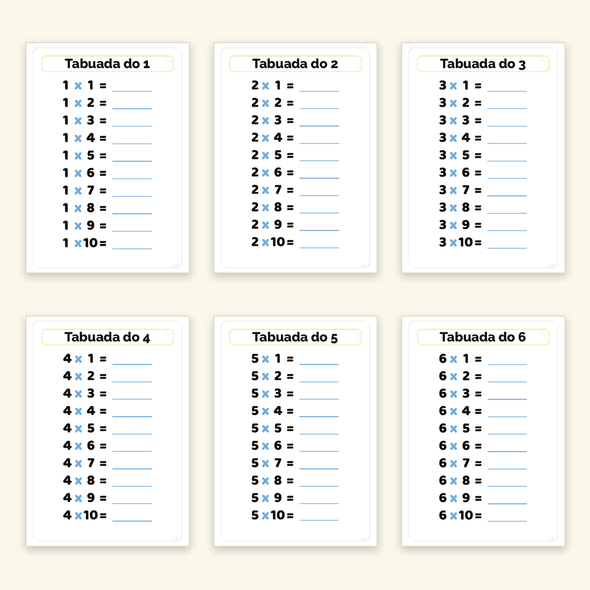 Seis das dez fichas para preencher, da tabuada do 1 à tabuada do 6, com os resultados em branco