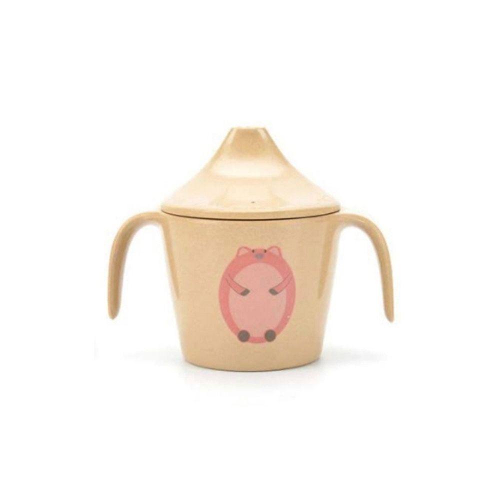 Taça de transição em fibra de arroz bege da Husk's Baby com tampa e pegas, apresentando um desenho de um porco cor-de-rosa.