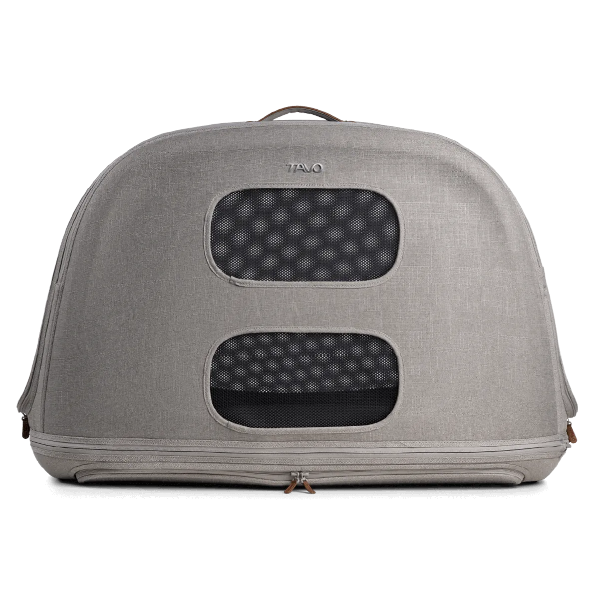 Caixa de viagem TAVO Crispin cor Merle (cinzento claro) com duas janelas de ventilação em malha e espuma, fundo escuro, mostrando o interior arejado.