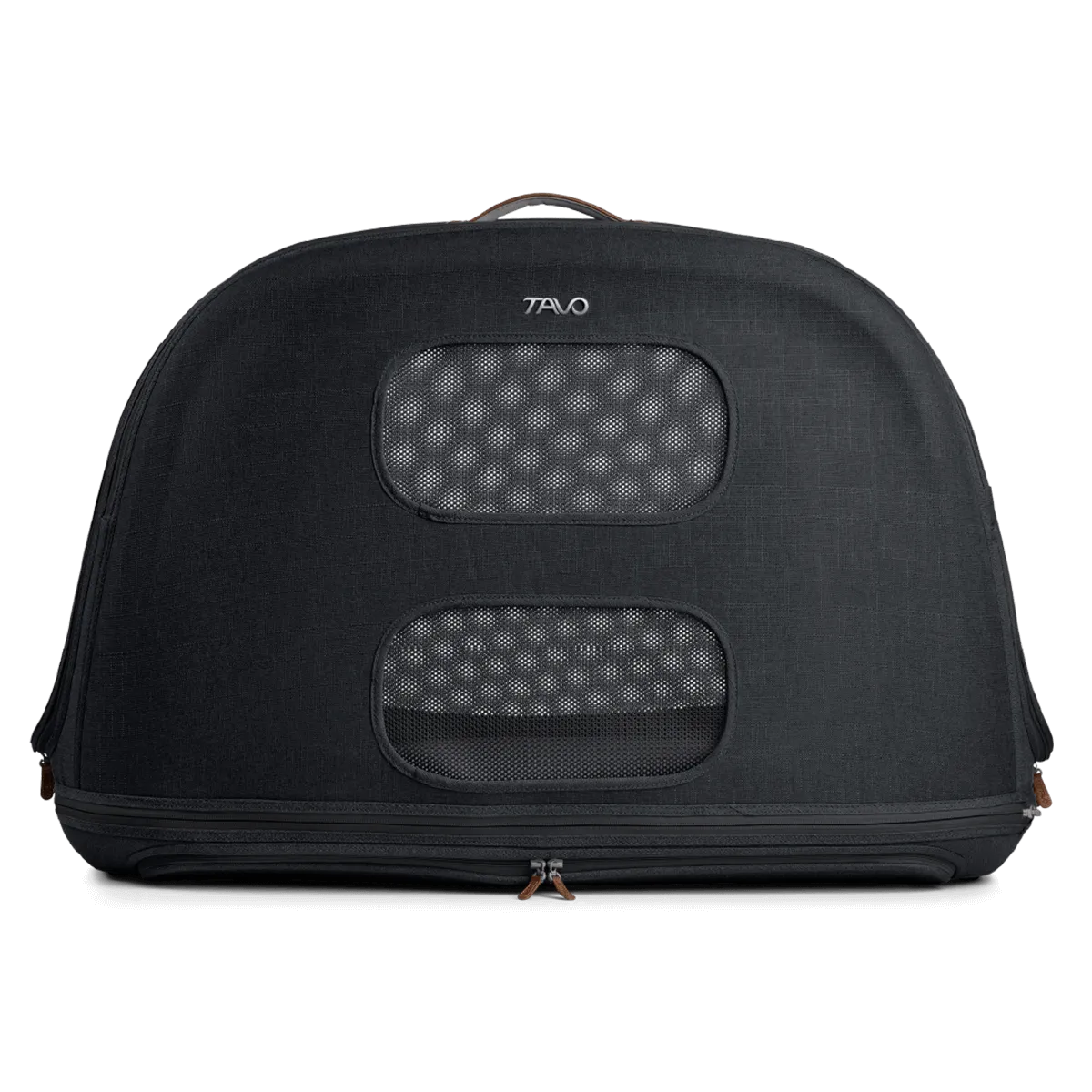 Caixa de viagem TAVO Crispin preta, fechada, com duas janelas de ventilação em malha e espuma visível, fundo escuro.