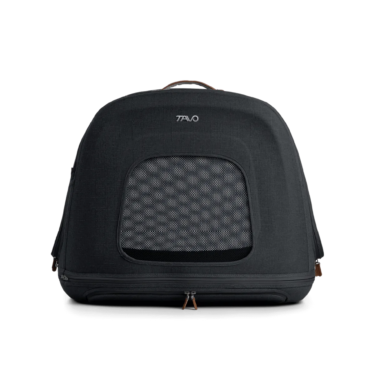 Caixa de viagem TAVO Crispin preta, vista frontal, com uma janela central de malha, focando na textura do tecido e logótipo TAVO.