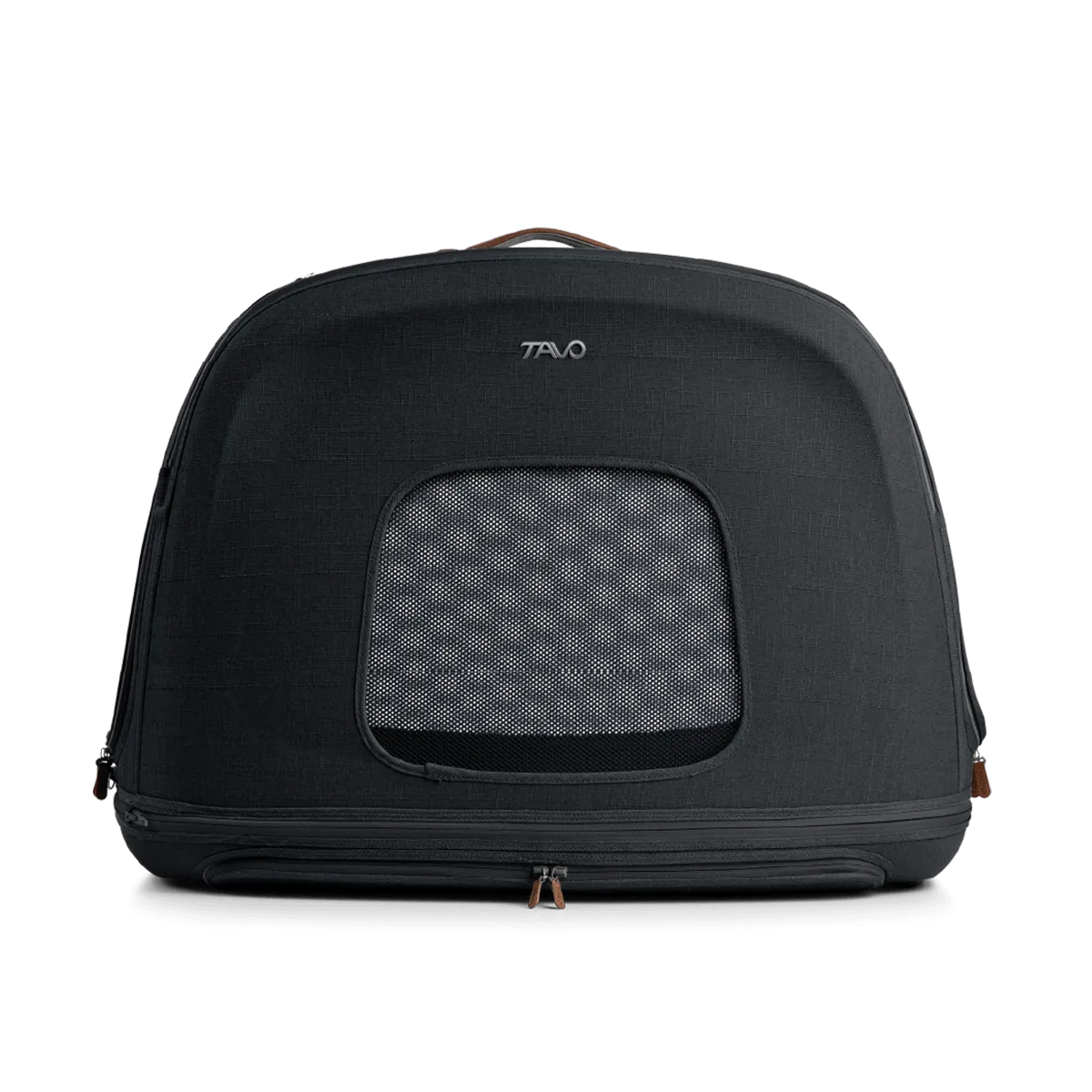 Caixa de viagem TAVO Crispin preta com uma única janela frontal de malha, fundo escuro, mostrando o design compacto.