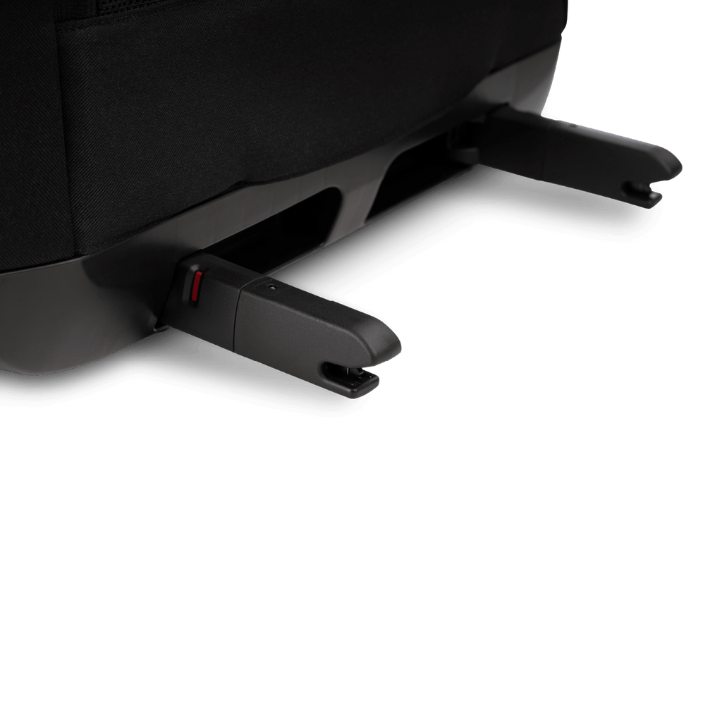 Close-up dos fechos ISOFIX pretos da TAVO Hendrick, com um indicador de segurança vermelho visível, prontos para encaixe no veículo.