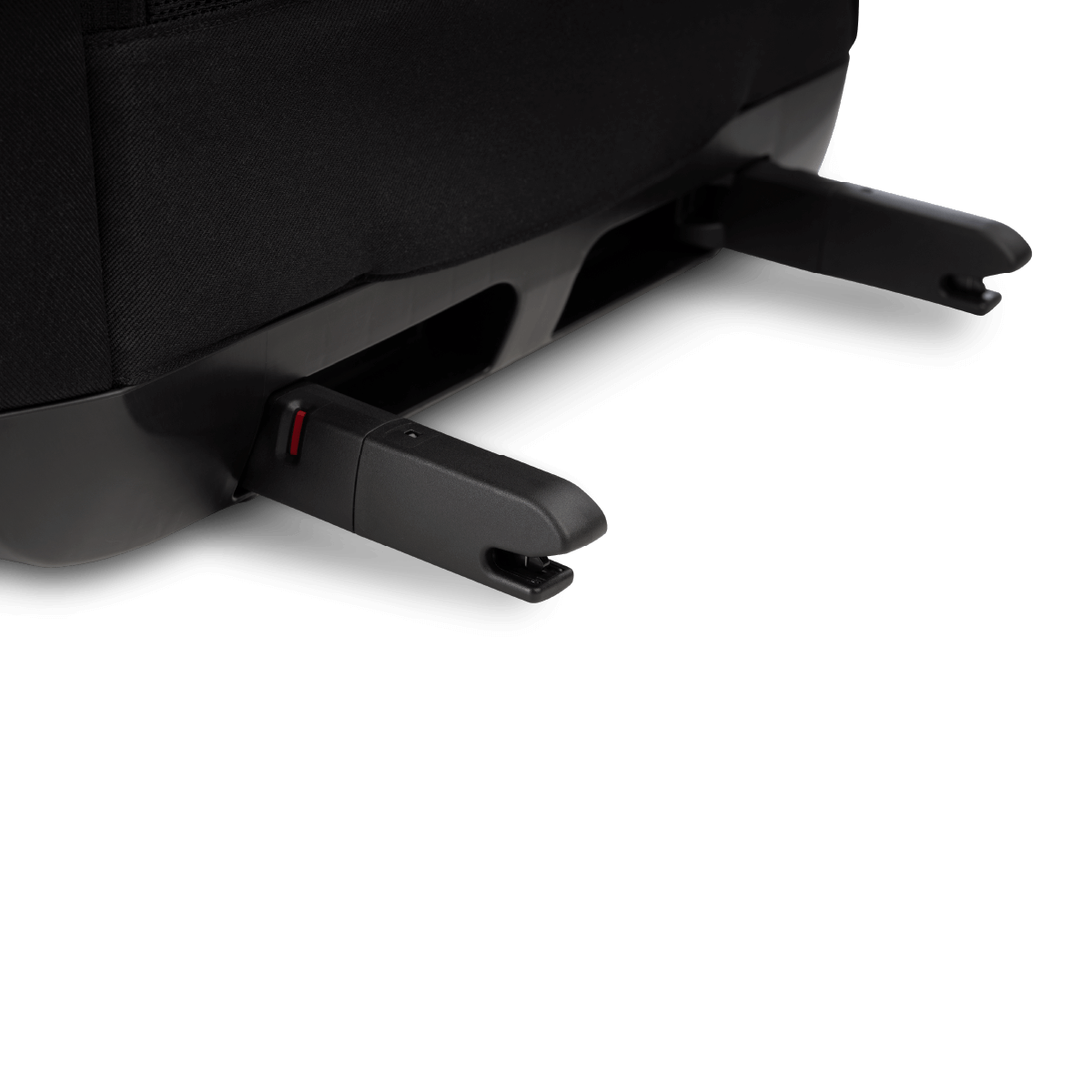 Close-up dos fechos ISOFIX pretos da TAVO Hendrick, com um indicador de segurança vermelho visível, prontos para encaixe no veículo.