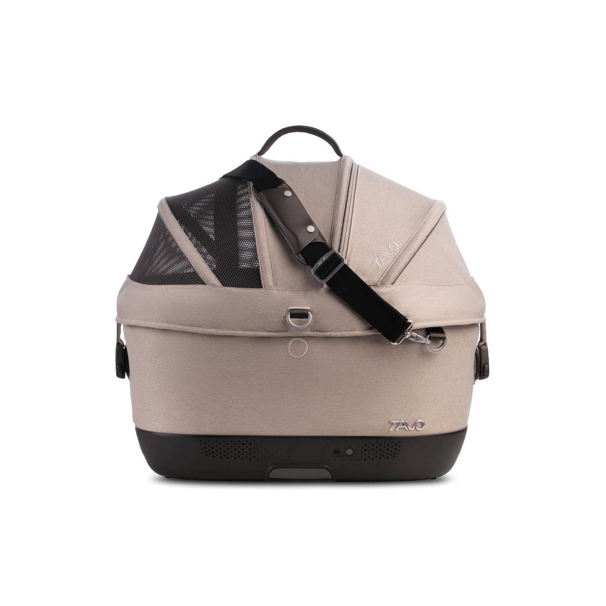 Transportador TAVO MAEVE WIND ISO5X de cor bege claro, visto de frente, com alça de ombro preta e malha de ventilação escura.
