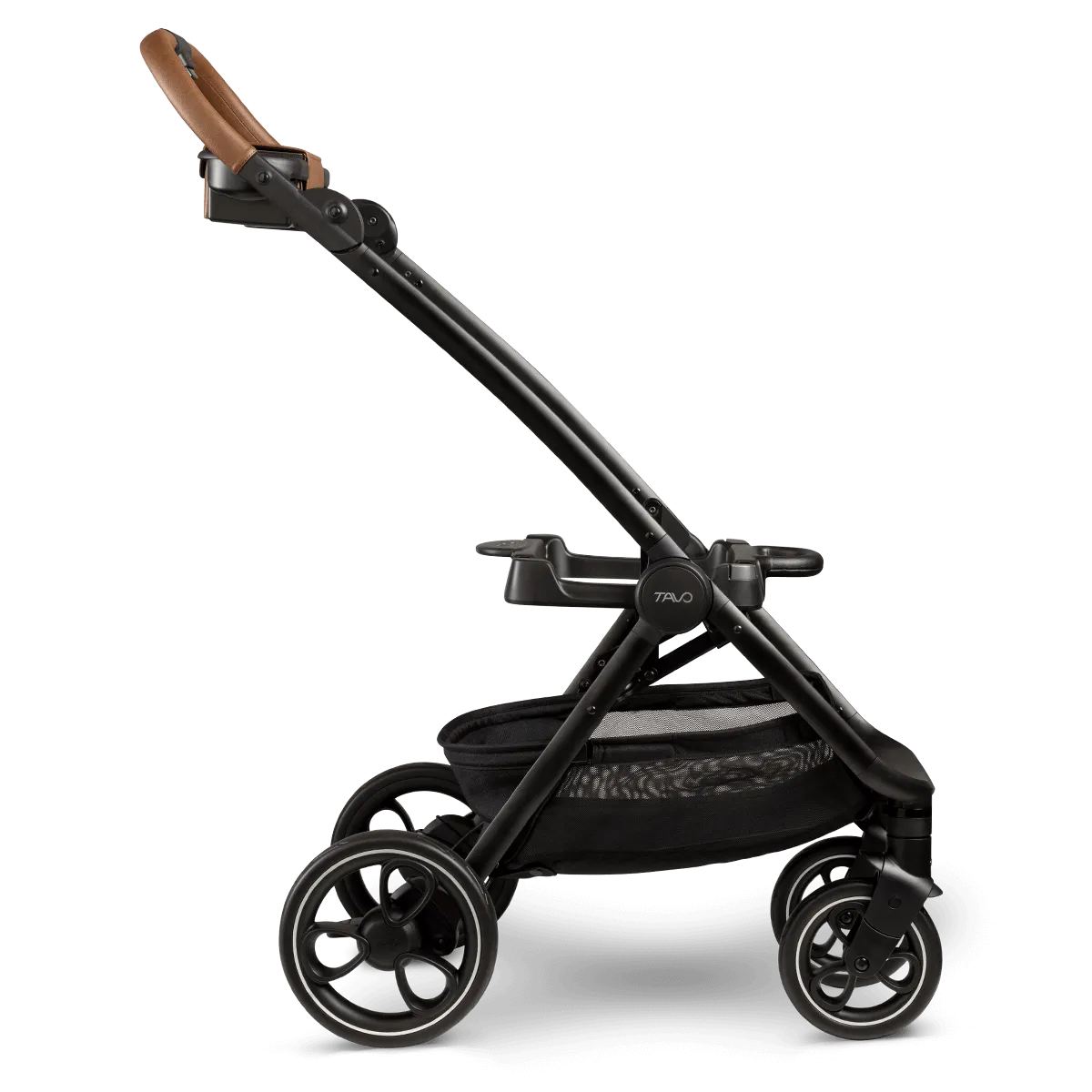 Chassis TAVO ROSCOE preto, visto de lado, com guiador em couro vegan castanho e cesto de arrumação.