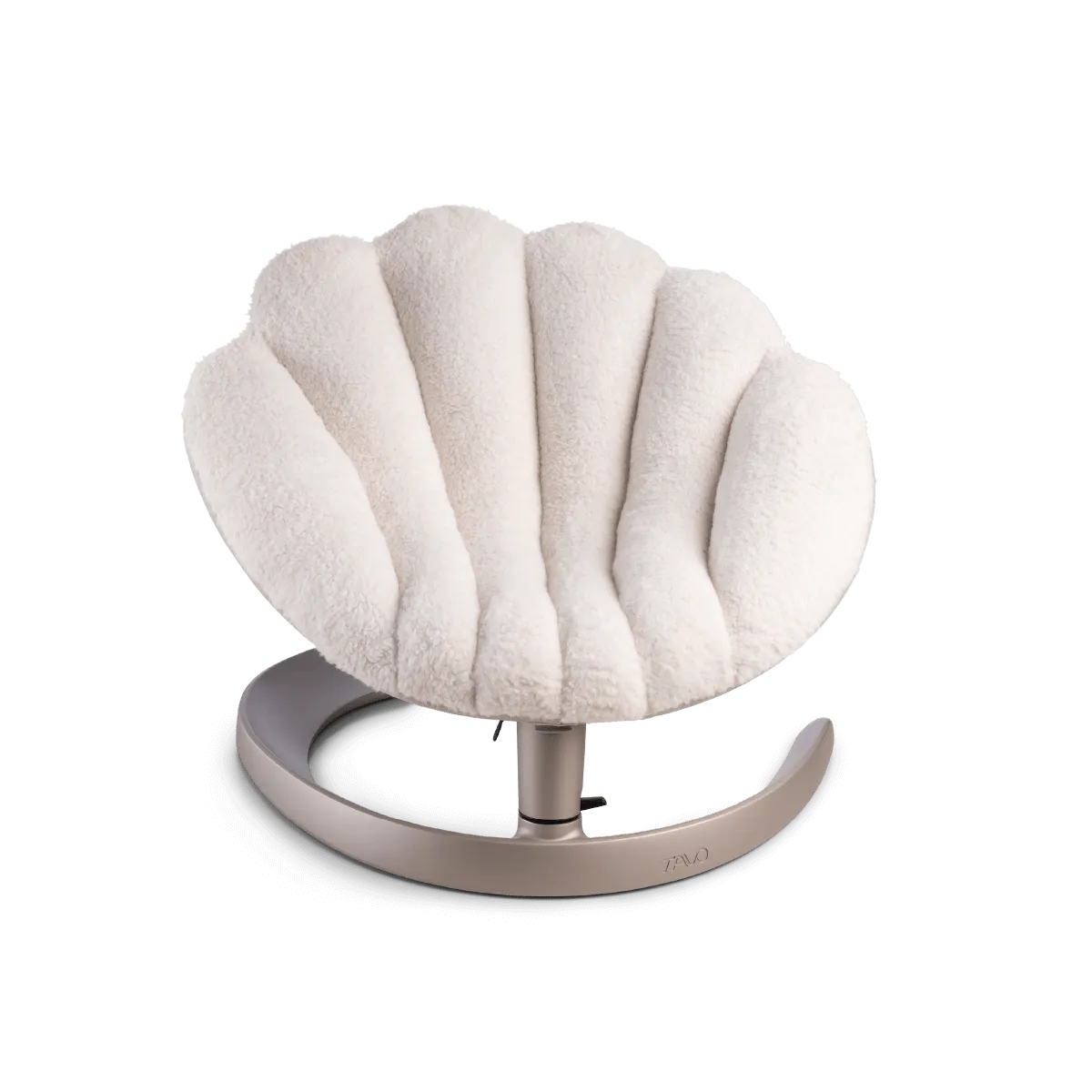 Vista frontal da TAVO Shell, destacando a capa em fleece branco com design de concha acolchoada e a base metálica.
