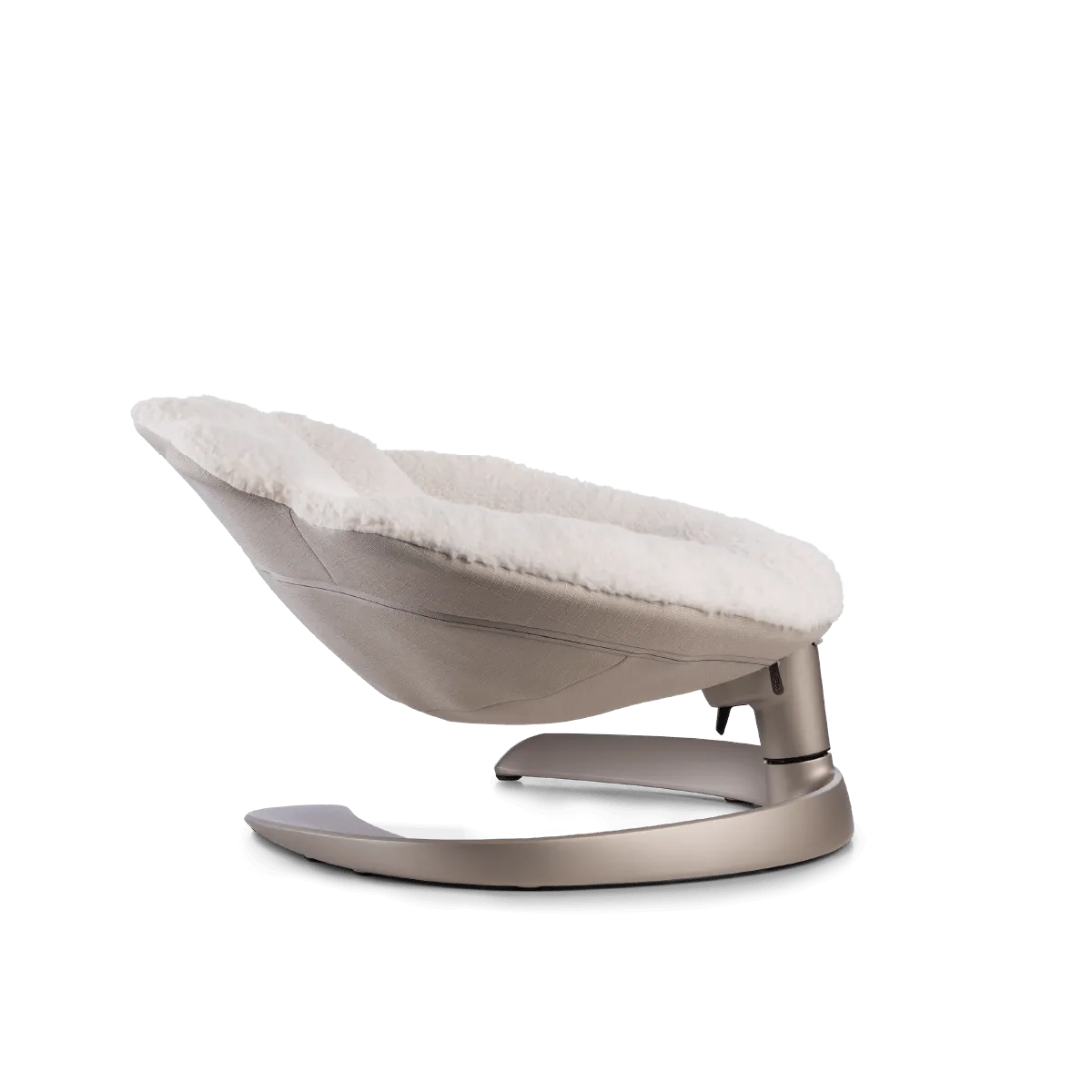 TAVO Shell em perfil lateral, evidenciando a base curva para balanço suave e a estrutura elevada da cama para animais de estimação.