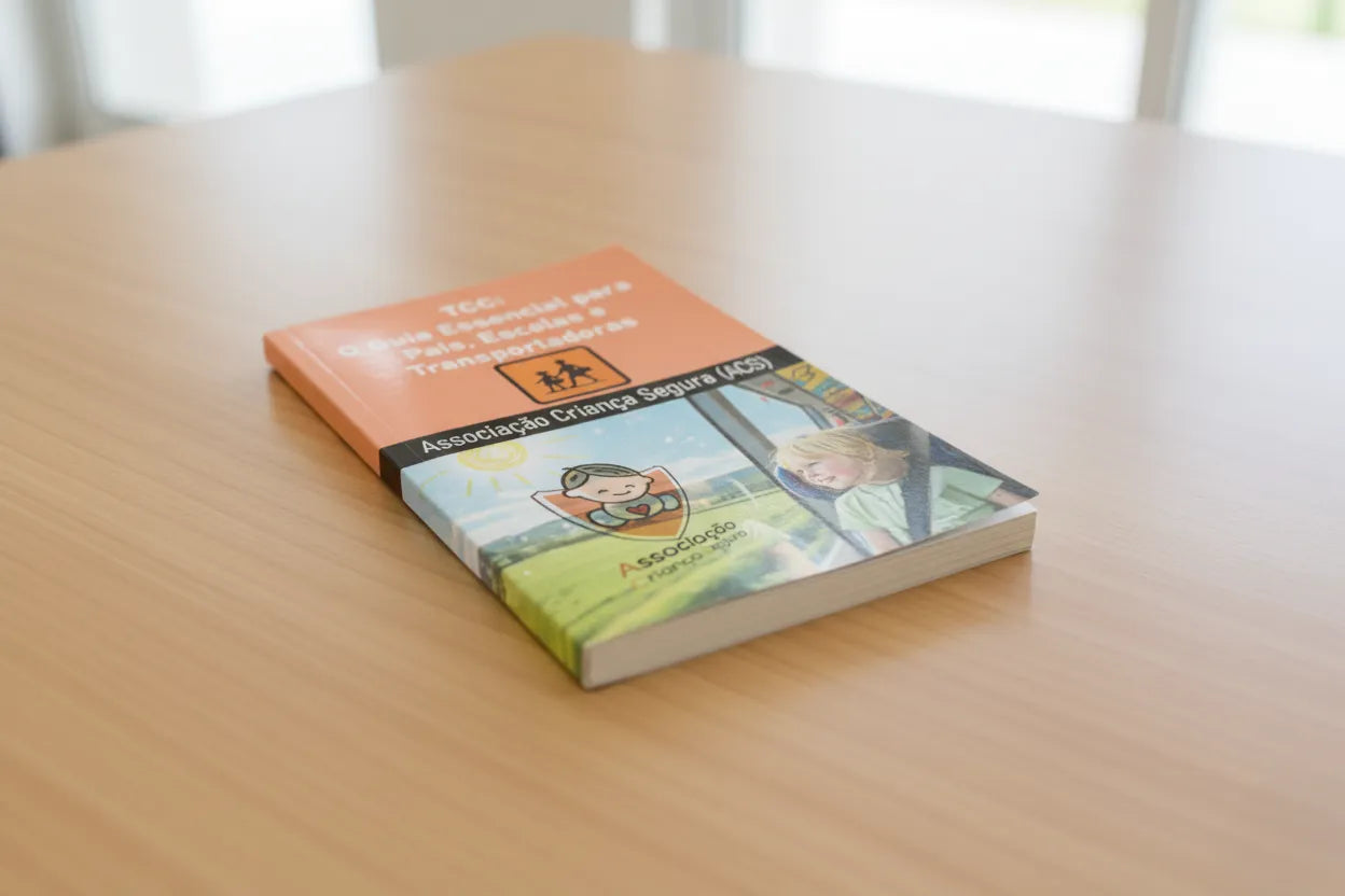 O livro físico "TCC: O Guia Essencial para Pais, Escolas e Transportadoras" pousado sobre uma mesa de madeira clara, com foco na capa e lombada.