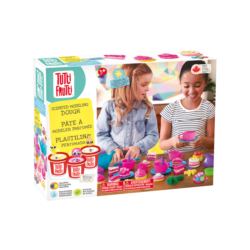 Embalagem do kit Tutti Frutti Plasticina Tea Time, mostrando duas crianças a brincar com a plasticina e os acessórios de chá.