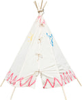 Detalhe da tenda Tepee mostrando os laços de corda na abertura frontal, permitindo fácil acesso para as crianças.