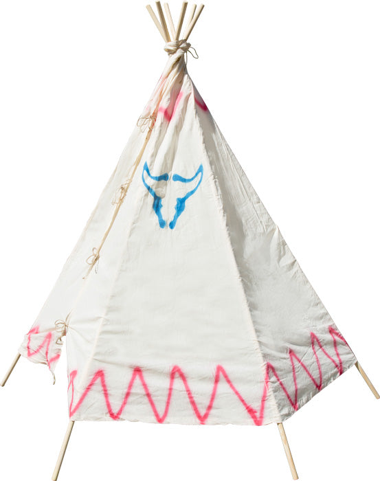 Outro ângulo da tenda Tepee, destacando os desenhos coloridos e o design divertido.