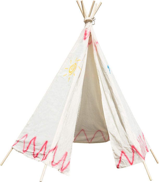 Tenda Tepee branca de algodão com desenhos coloridos, ideal para crianças brincarem, tanto dentro como fora de casa.