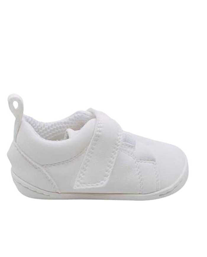 Sapatilha Baby Lobitos Barefoot Deportivas Tiza branca, vista lateral com ligeira inclinação, destacando a forma ergonómica.