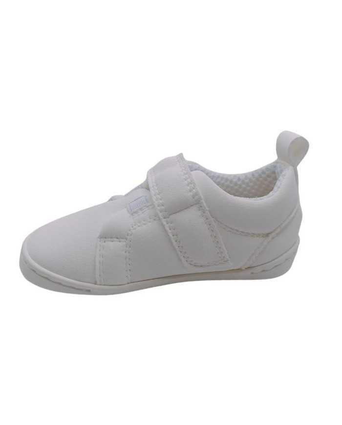 Sapatilha Baby Lobitos Barefoot Deportivas Tiza branca, vista lateral, mostrando a sola flexível e o fecho de velcro.
