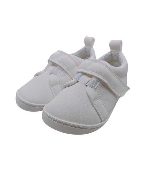 Par de sapatilhas Baby Lobitos Barefoot Deportivas Tiza brancas, vista frontal ligeiramente angular, com fecho de velcro.