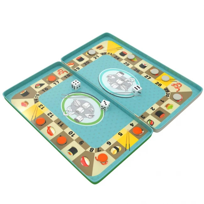 Tabuleiro de jogo magnético aberto, com os dois lados visíveis, mostrando os espaços numerados de 1 a 30 e dois dados no centro, pronto para a jogada.