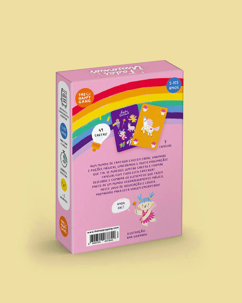 Verso da caixa do jogo "Fadas e Unicórnios", detalhando 49 cartas, 7 famílias, e a temática de fantasia e lógica.