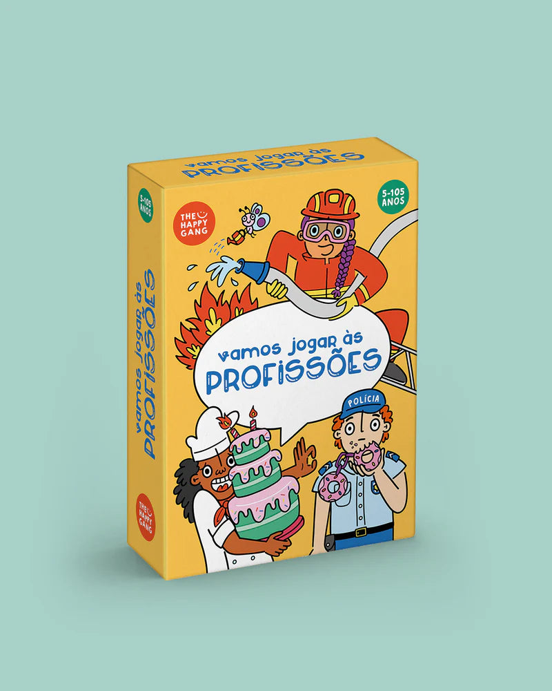 Caixa do jogo de cartas "Brain Away - Vamos jogar às Profissões" da The Happy Gang, com ilustrações de bombeira, pasteleira e polícia.