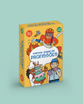 Caixa do jogo de cartas "Brain Away - Vamos jogar às Profissões" da The Happy Gang, com ilustrações de bombeira, pasteleira e polícia.
