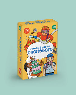 Caixa do jogo de cartas "Brain Away - Vamos jogar às Profissões" da The Happy Gang, com ilustrações de bombeira, pasteleira e polícia.