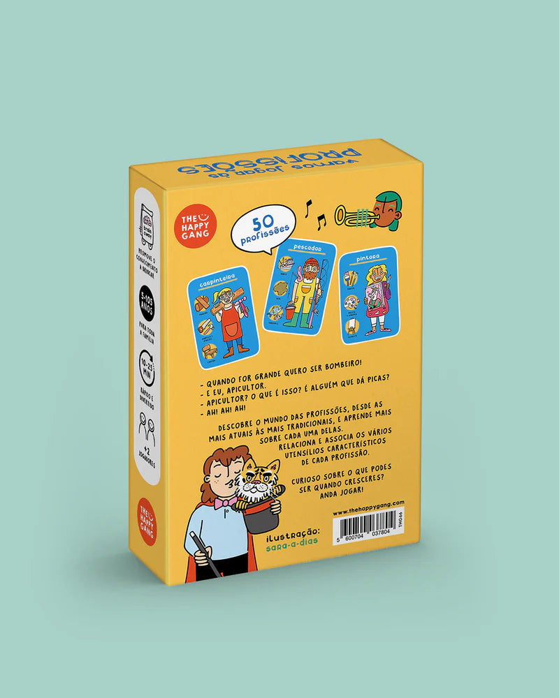 Verso da caixa do jogo de cartas "Vamos jogar às Profissões", mostrando 50 cartas e exemplos de profissões e regras.