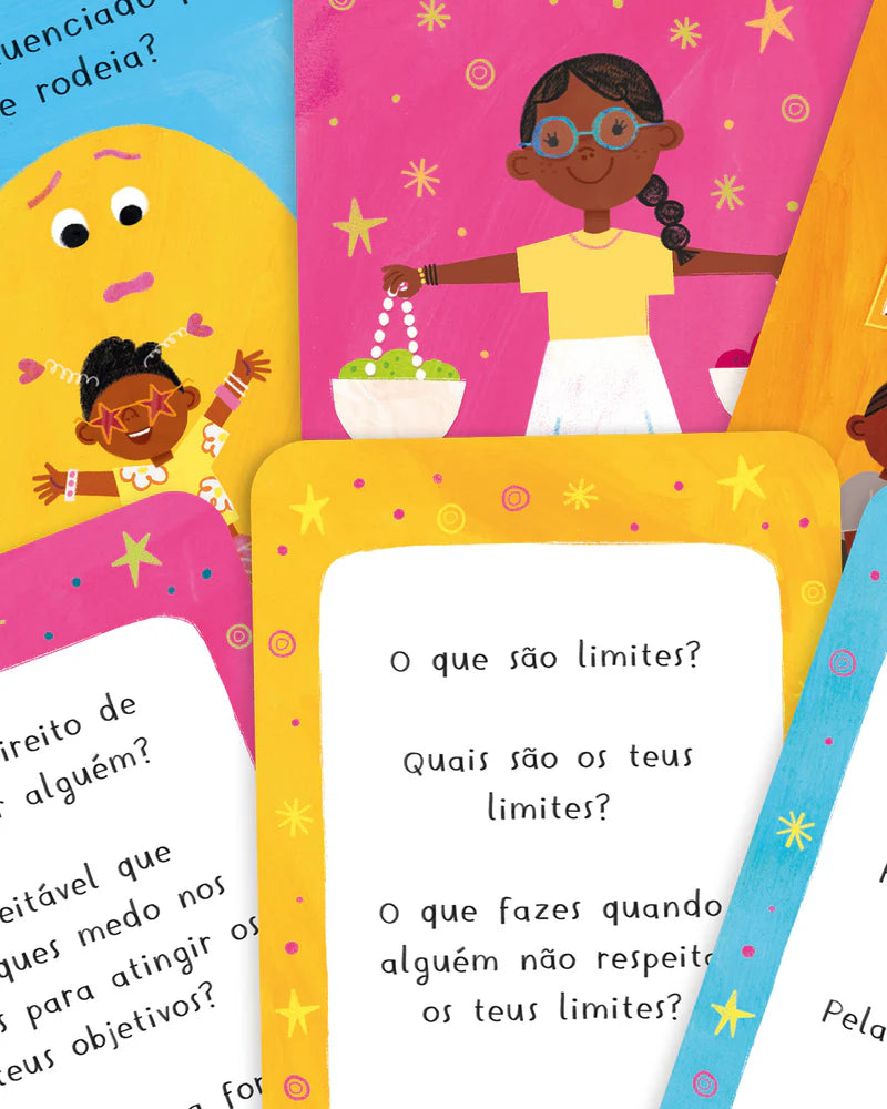 Detalhe de várias cartas do jogo "Tu Podes Mudar o Mundo" com perguntas sobre limites e ilustrações coloridas de crianças.