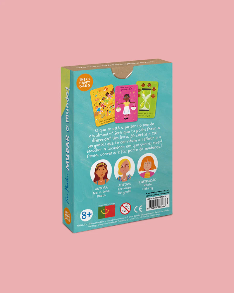 Verso da caixa dos cartões "Tu Podes Mudar o Mundo", mostrando detalhes do produto, autores, ilustração e certificação +8 anos.