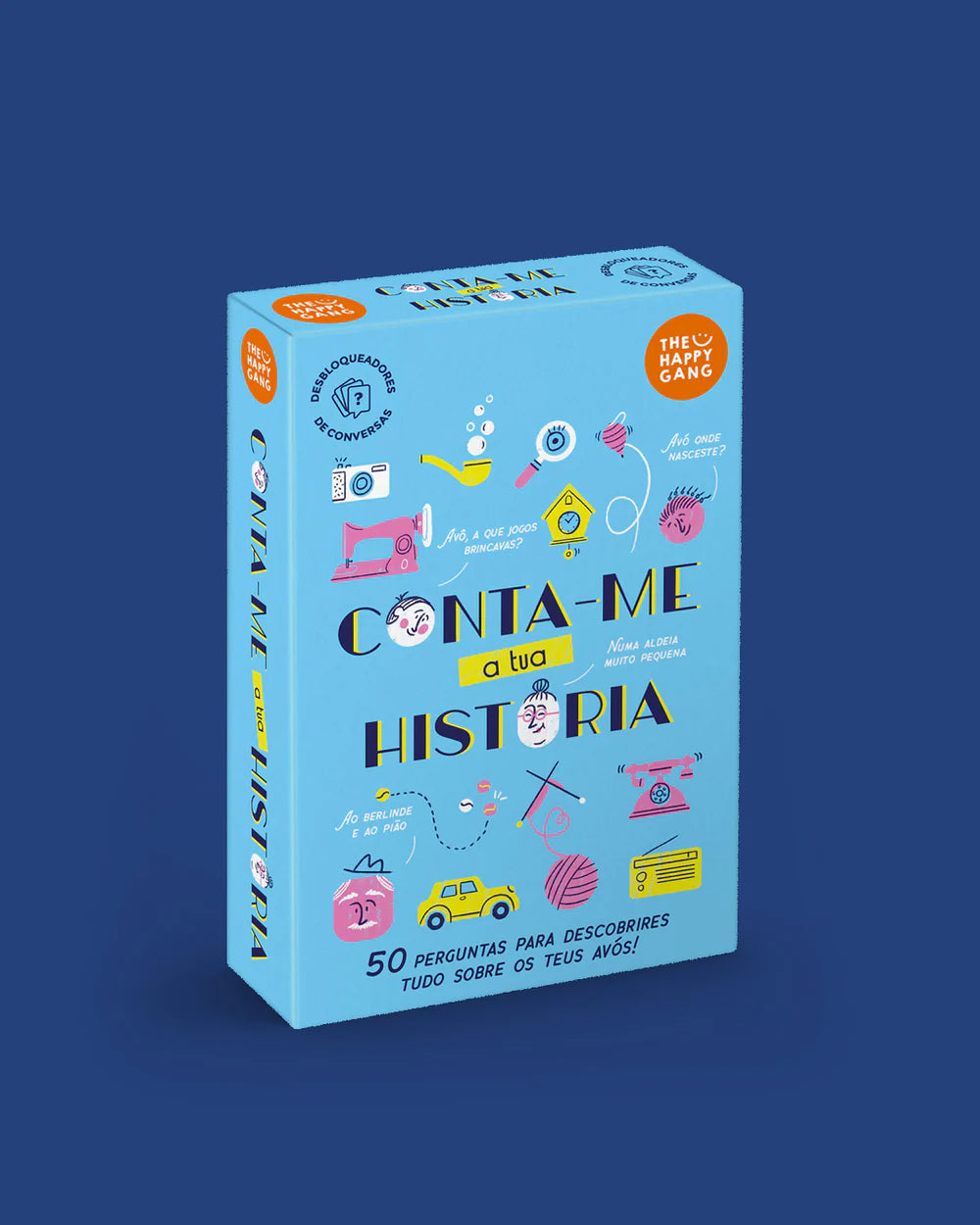 Caixa do jogo "Conta-me a Tua História" da The Happy Gang, com 50 perguntas para descobrir a história dos avós. Design colorido e ilustrado.