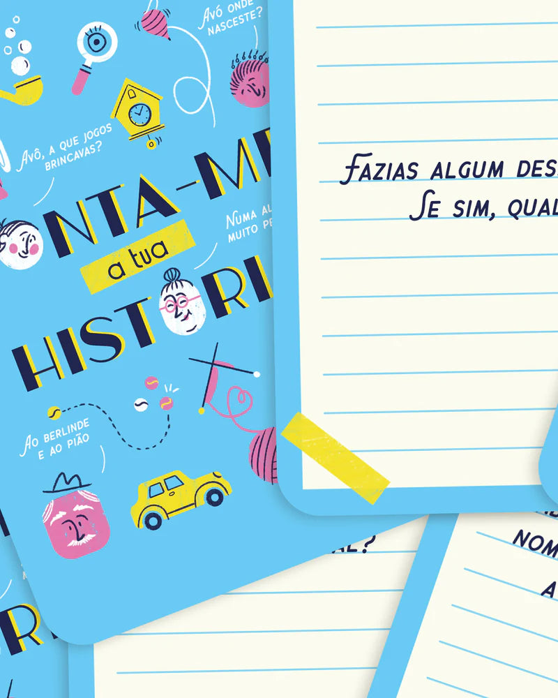 Detalhe das cartas do jogo "Conta-me a Tua História", mostrando perguntas e ilustrações divertidas.