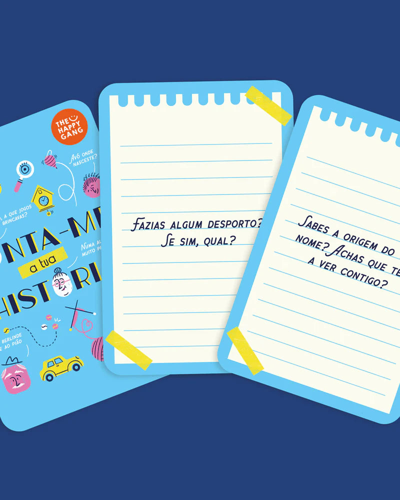 Três cartas do jogo "Conta-me a Tua História" com perguntas sobre desporto e origem do nome, destacando o design das cartas.