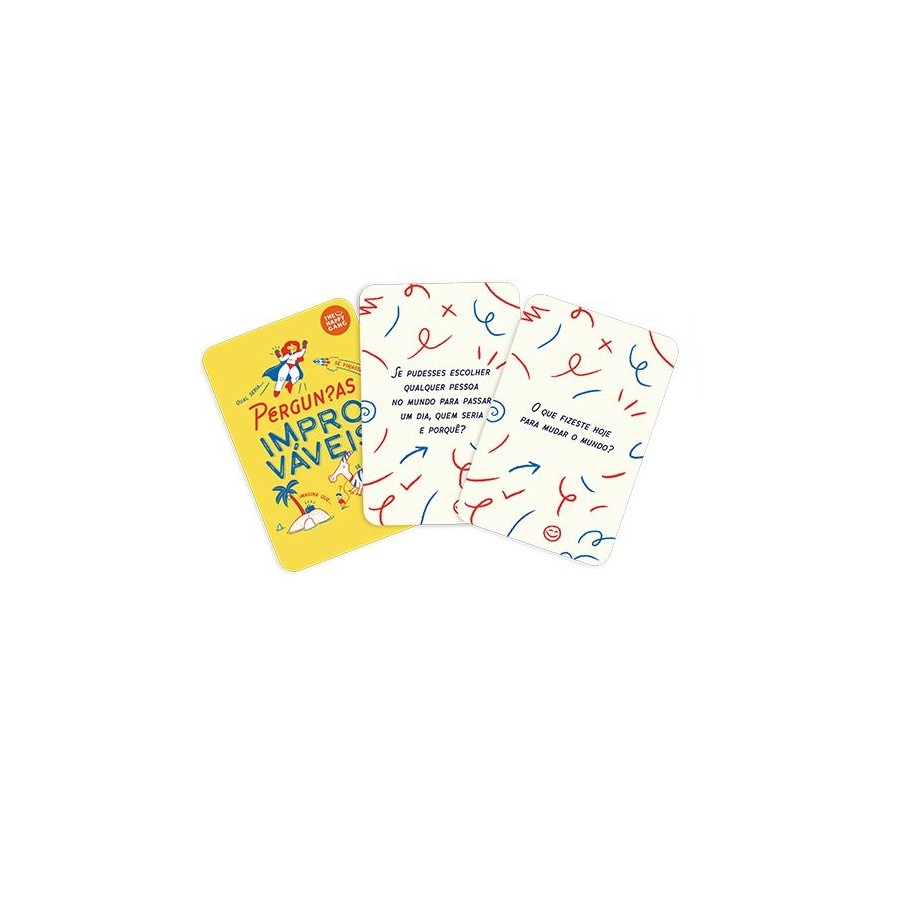 Três cartas do jogo "Perguntas Improváveis" espalhadas, mostrando o verso com rabiscos coloridos e duas cartas com perguntas estimulantes.