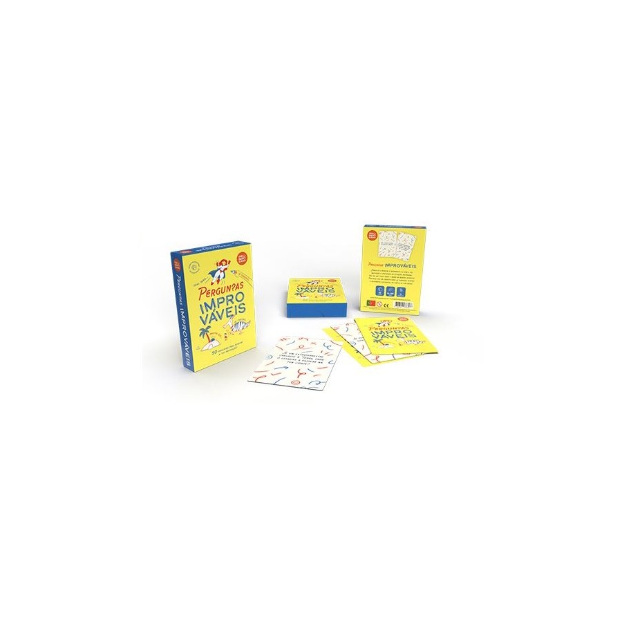 Vista geral do conteúdo do jogo "Perguntas Improváveis": caixa aberta, cartas espalhadas e caixa de armazenamento compacta.