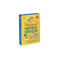 Caixa amarela e azul do jogo "Perguntas Improváveis" da The Happy Gang, com ilustrações divertidas e texto em destaque.