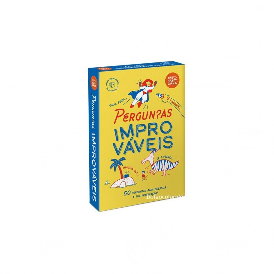 Caixa amarela e azul do jogo "Perguntas Improváveis" da The Happy Gang, com ilustrações divertidas e texto em destaque.
