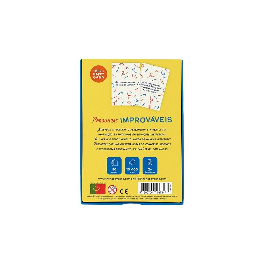 Verso da embalagem do jogo "Perguntas Improváveis" com texto promocional, especificações (50 cartas, 6-100 anos, 2+ jogadores) e logótipos de certificação.