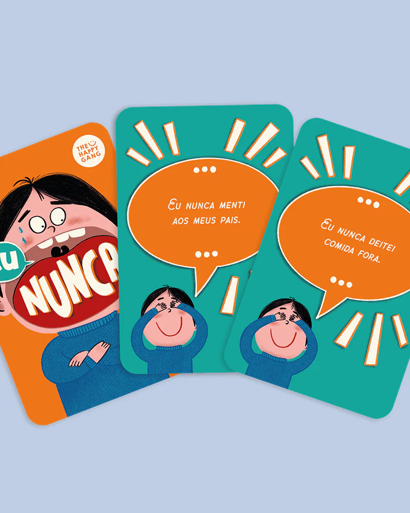 Três cartas do jogo "Eu Nunca" em destaque, mostrando exemplos de perguntas como "Eu nunca menti aos meus pais" e "Eu nunca deitei comida fora".