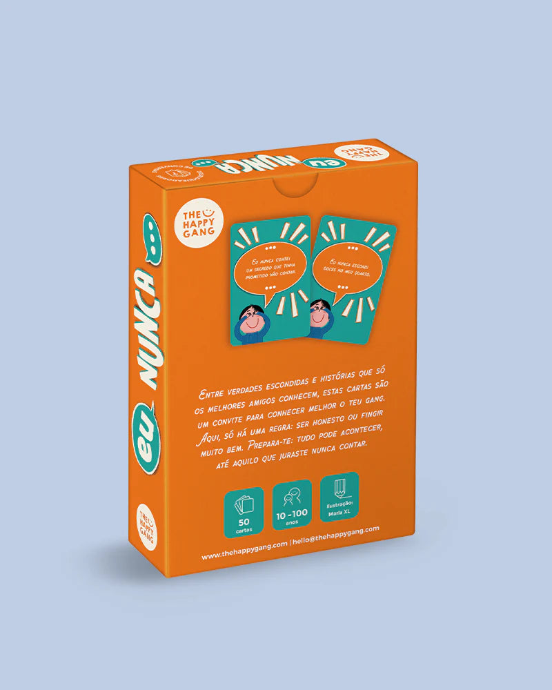 Verso da caixa do jogo "Eu Nunca" da The Happy Gang, detalhando o número de cartas (50), faixa etária (10-100 anos) e o objetivo de desbloquear conversas.