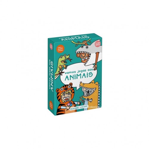 Caixa do jogo de cartas "Vamos Jogar aos Animais" da The Happy Gang, com ilustrações de animais e crianças a brincar. Indica 5-10+ Anos.