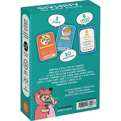 Verso da caixa do jogo "Vamos Jogar aos Animais", destacando os 5 jogos, 50 animais, tempo de jogo de 10-25 minutos e ilustração de um castor.