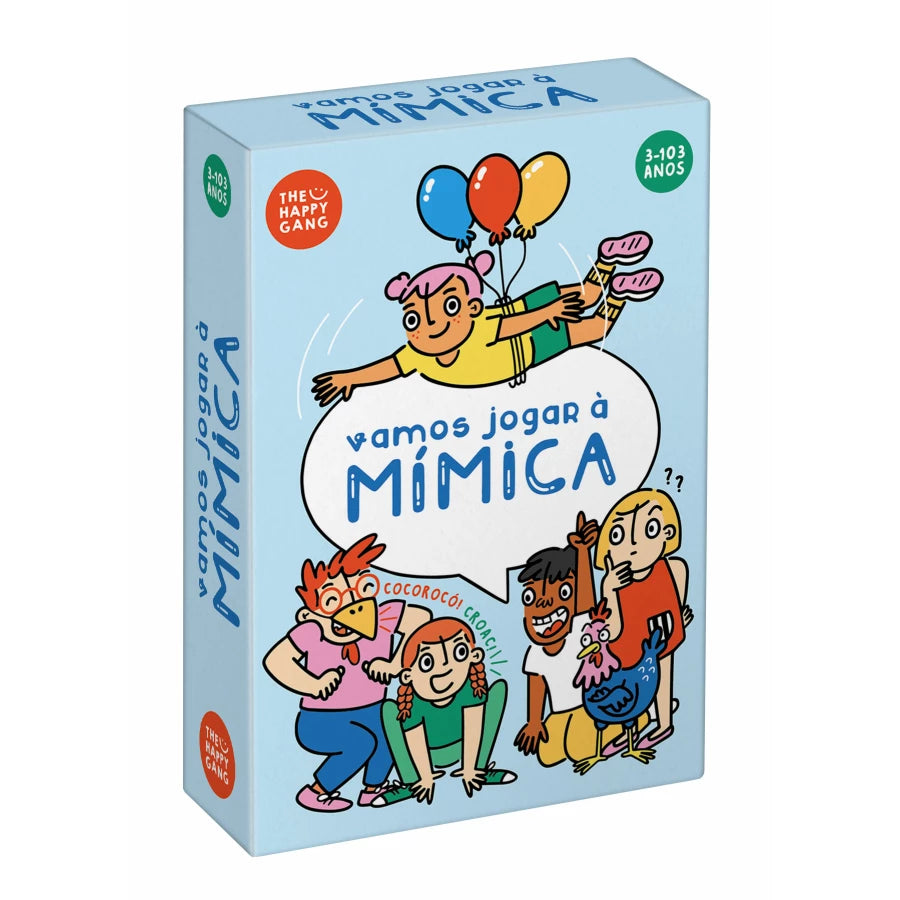 Caixa do jogo de tabuleiro "Vamos Jogar à Mímica" da The Happy Gang, com ilustração de crianças a imitar sons e movimentos, indicando uso a partir dos 3 anos.