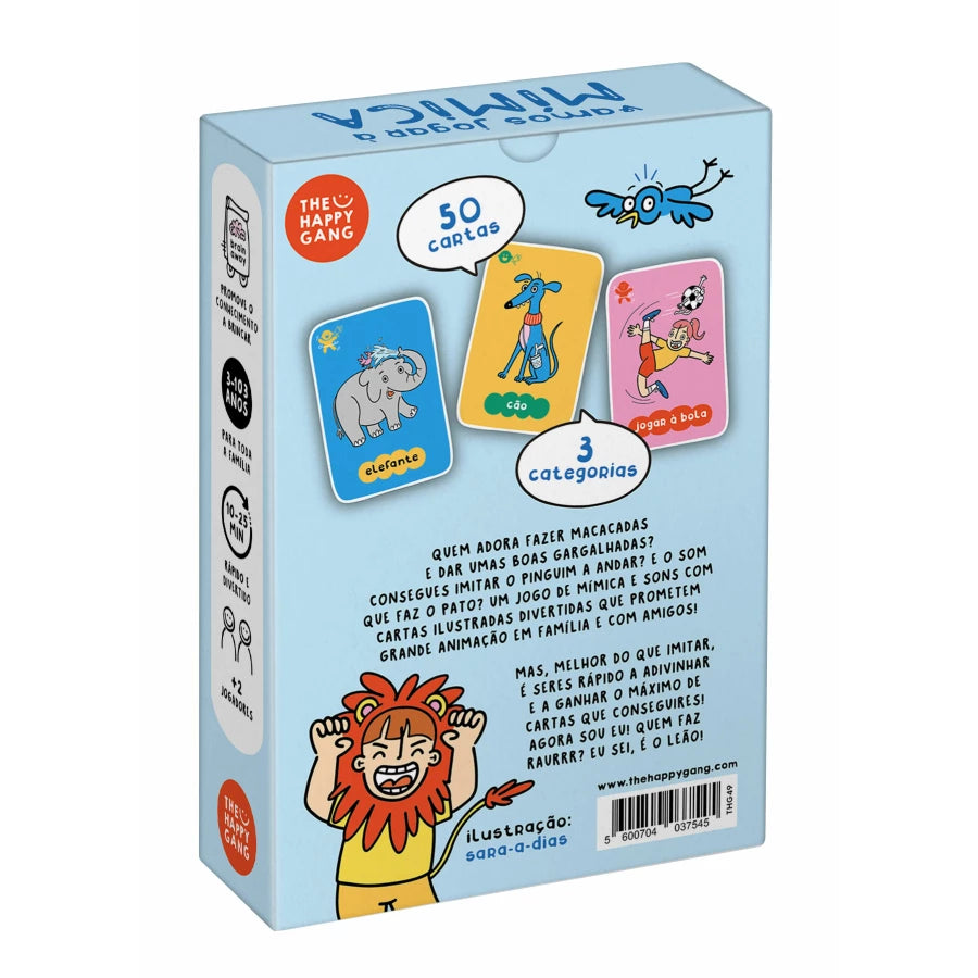 Verso da caixa do jogo "Vamos Jogar à Mímica", mostrando exemplos de cartas (elefante, cão, jogar à bola) e destacando as 50 cartas, 3 categorias e a ilustração de Sara-a-Dias.
