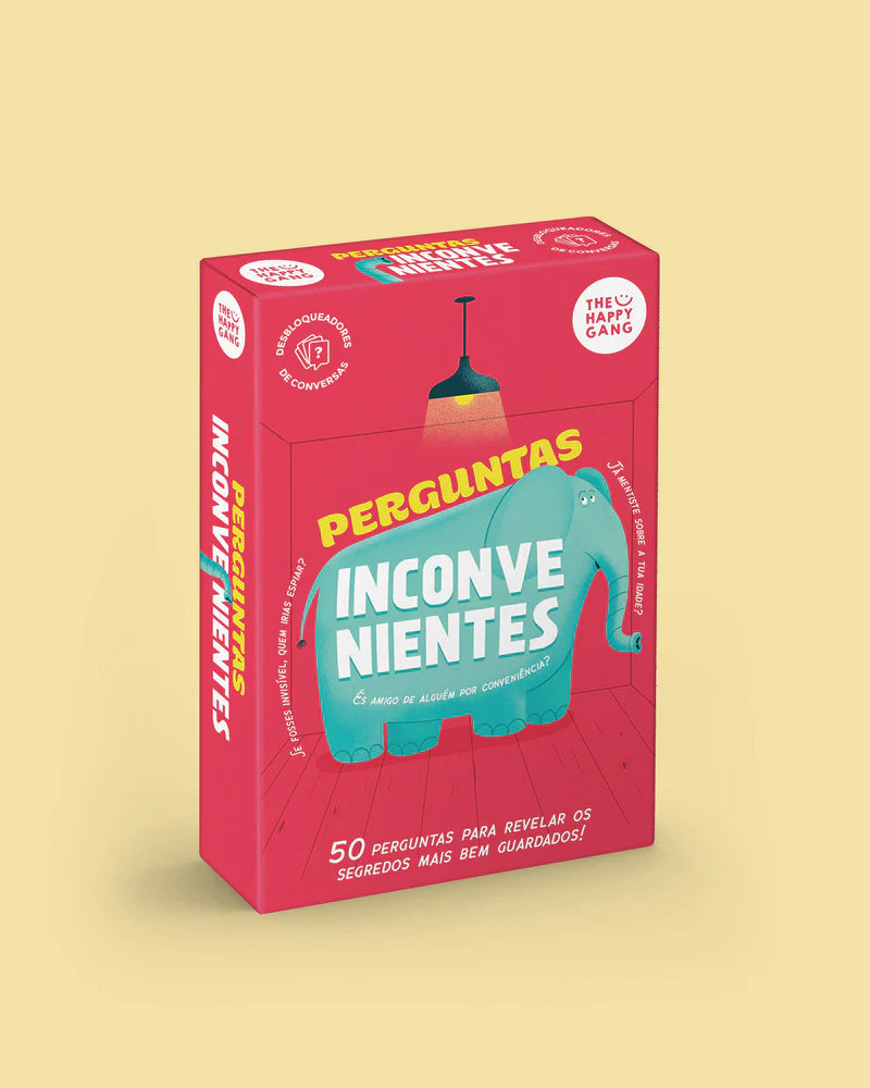 Caixa do jogo de cartas "THE HAPPY GANG - Perguntas Inconvenientes" com design vermelho e ilustrações de elefante, destacando 50 perguntas reveladoras.