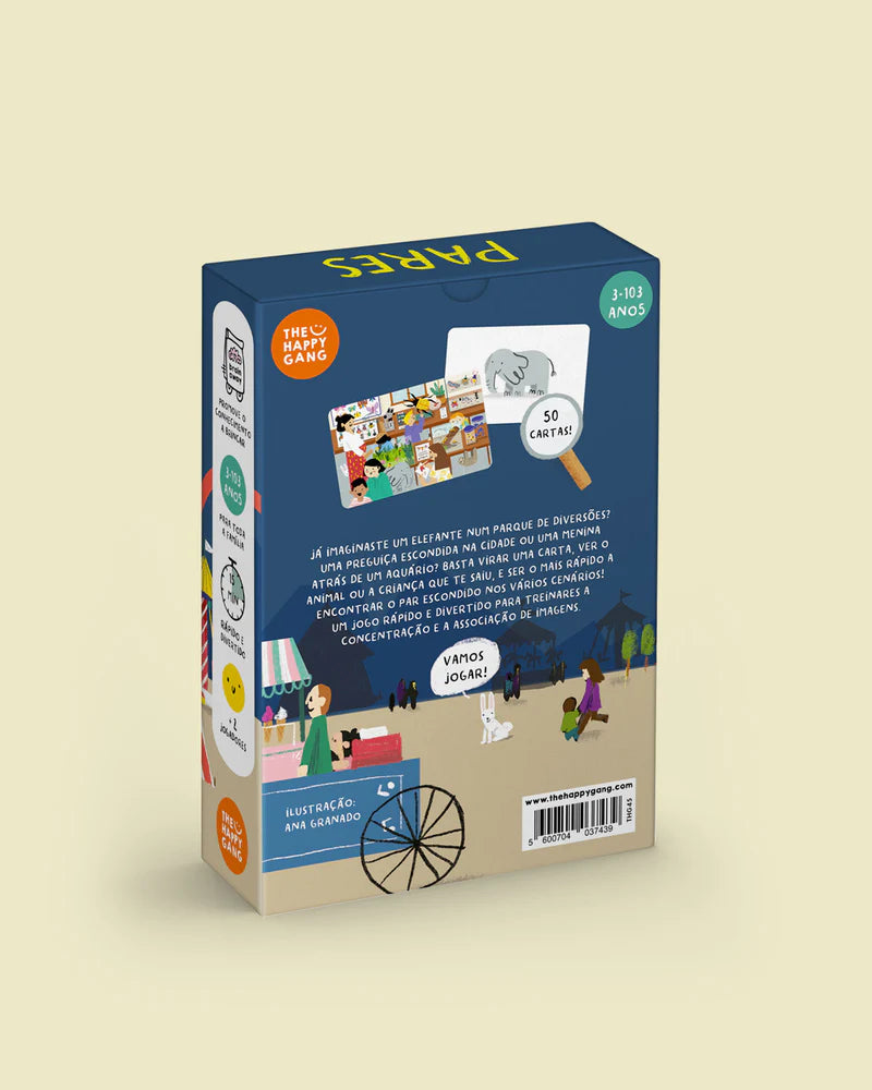 Verso da caixa do jogo "Procura e Encontra Pares", mostrando exemplos de cartas e texto explicativo sobre o jogo de associação de imagens.