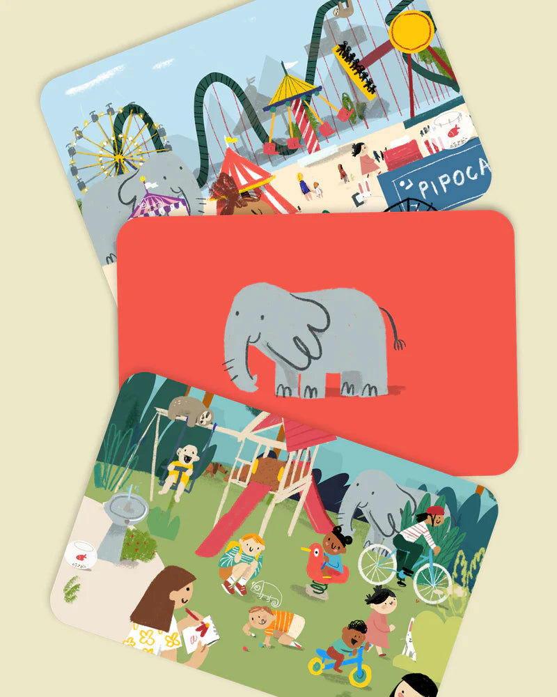 Três cartas do jogo "Procura e Encontra Pares": uma com parque de diversões, uma vermelha com elefante e outra com parque infantil.