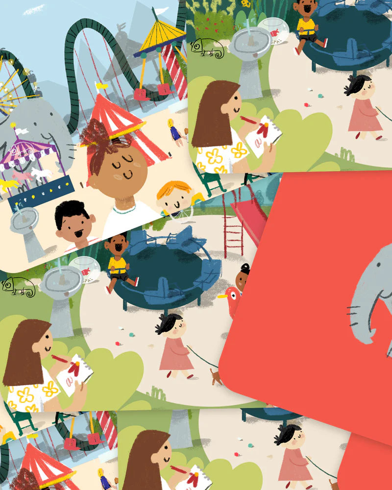 Detalhe das ilustrações coloridas do jogo, mostrando crianças em cenários de parque e um primeiro plano de uma carta vermelha com um elefante.