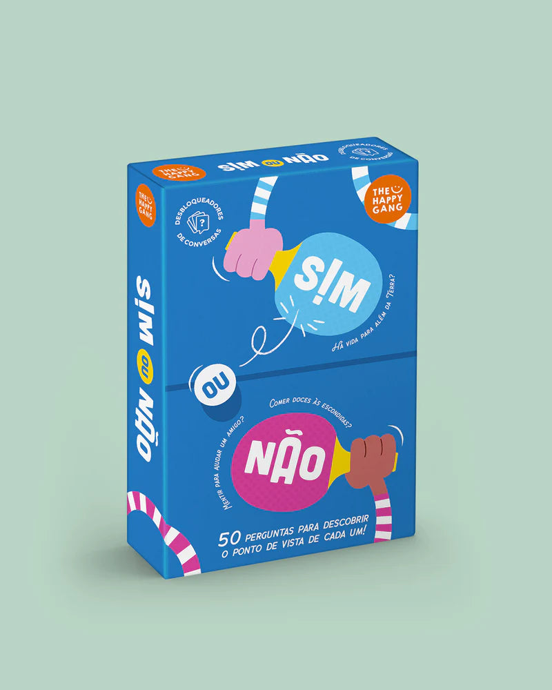 Caixa do jogo de cartas "THE HAPPY GANG - Sim ou Não" em azul vibrante, mostrando perguntas de reflexão e o título principal.