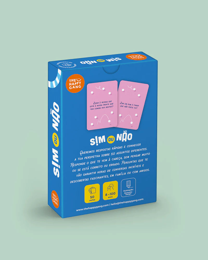 Verso da caixa do jogo "Sim ou Não" da The Happy Gang, detalhando características como 50 cartas, idades 8-100 e foco na conversa.